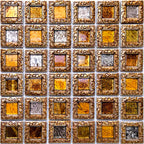 Antique Gold Framed Glass Mosaic Tile Window Pattern Luxury Metallic Square Wall Tile