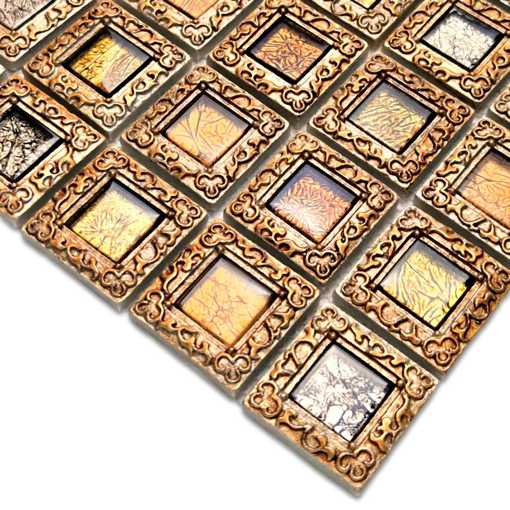 Antique Gold Framed Glass Mosaic Tile Window Pattern Luxury Metallic Square Wall Tile