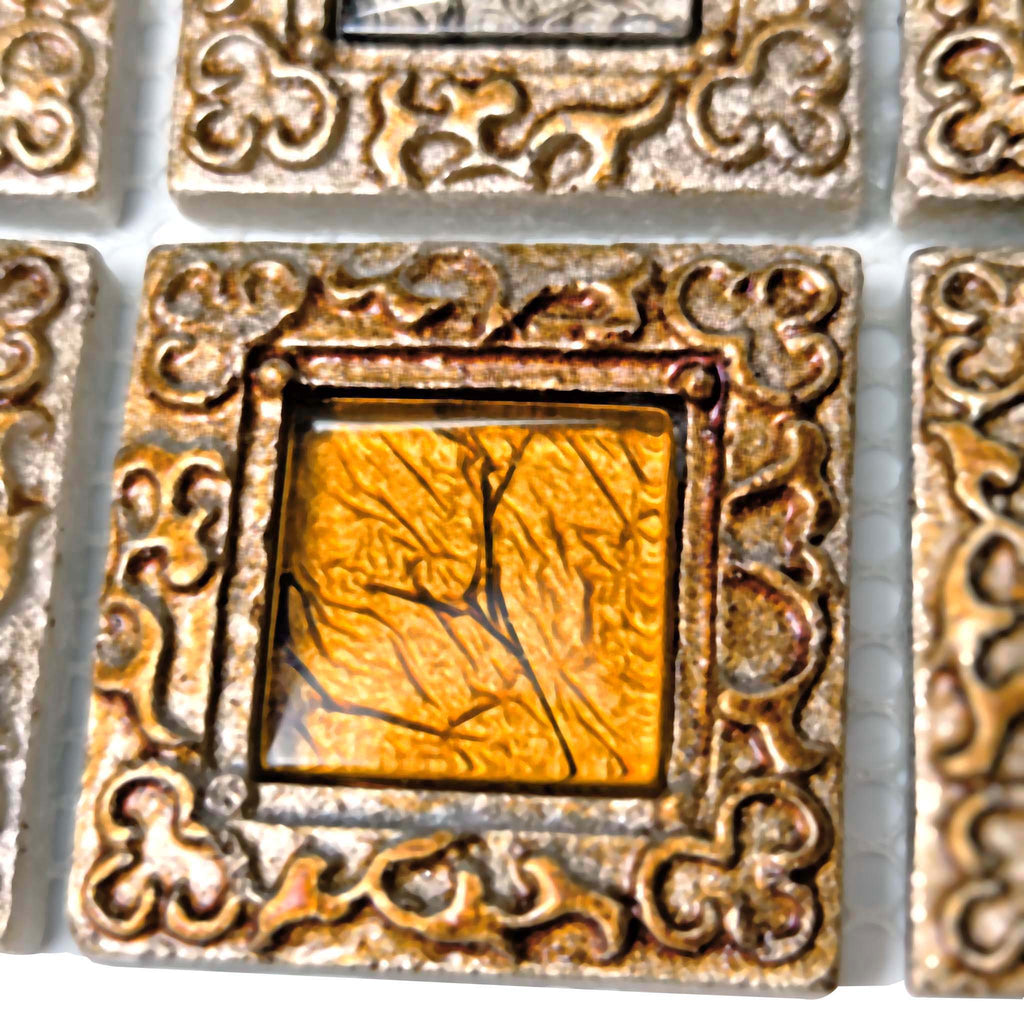 Antique Gold Framed Glass Mosaic Tile Window Pattern Luxury Metallic Square Wall Tile