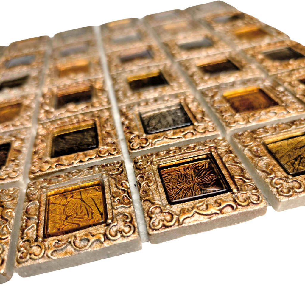 Antique Gold Framed Glass Mosaic Tile Window Pattern Luxury Metallic Square Wall Tile