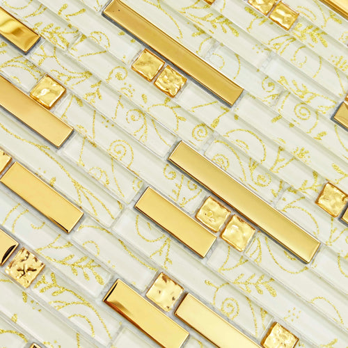 Gold Metal & Glass Mosaic Tile White Glass with Metallic Gold Accent Backsplash