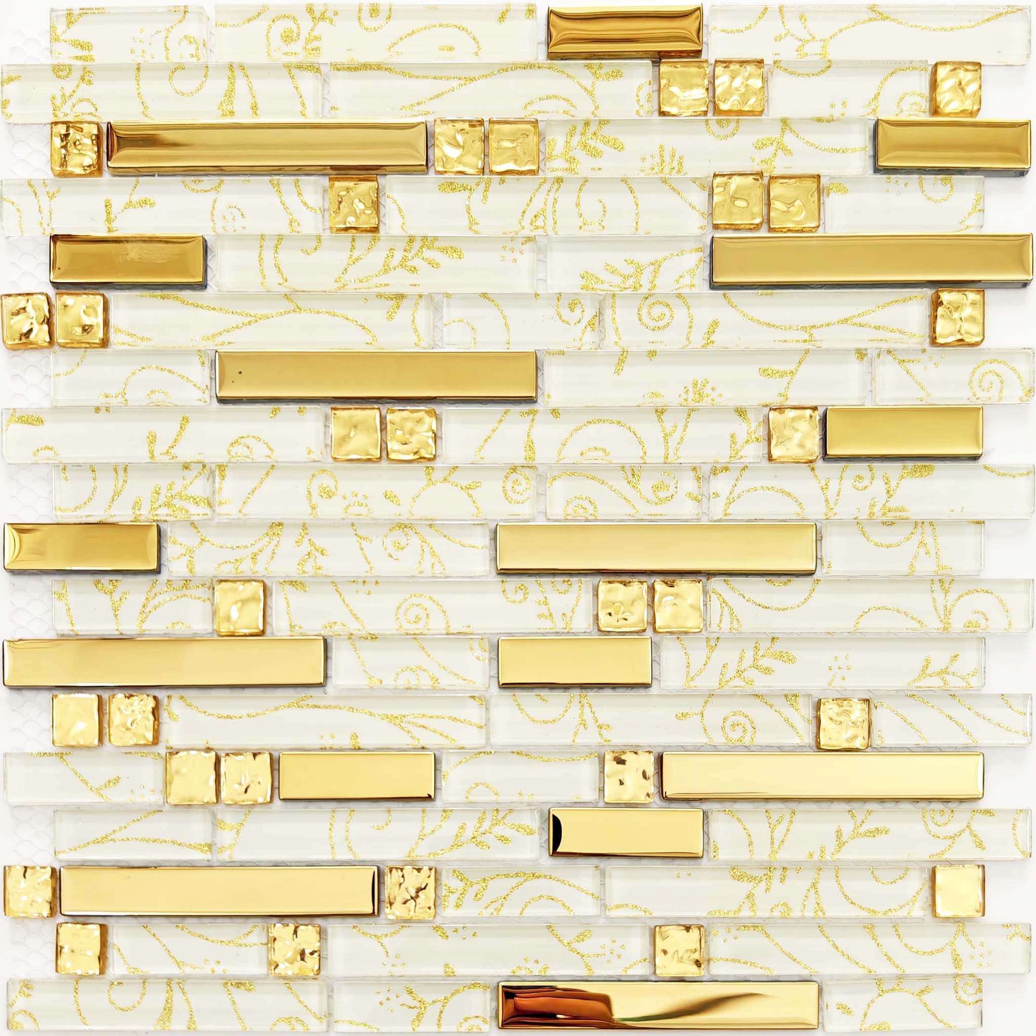 Gold Metal & Glass Mosaic Tile White Glass with Metallic Gold Accent Backsplash