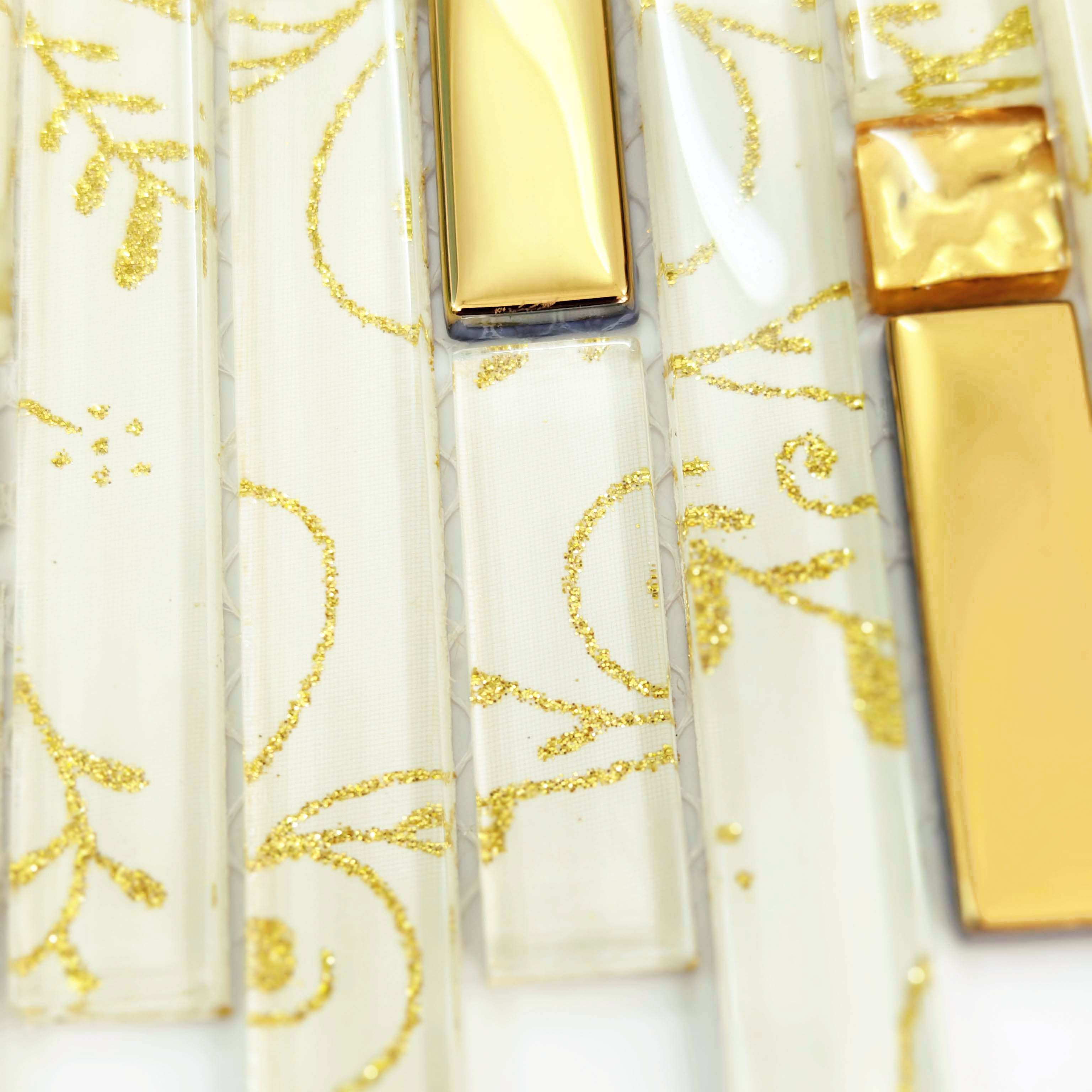 Gold Metal & Glass Mosaic Tile White Glass with Metallic Gold Accent Backsplash