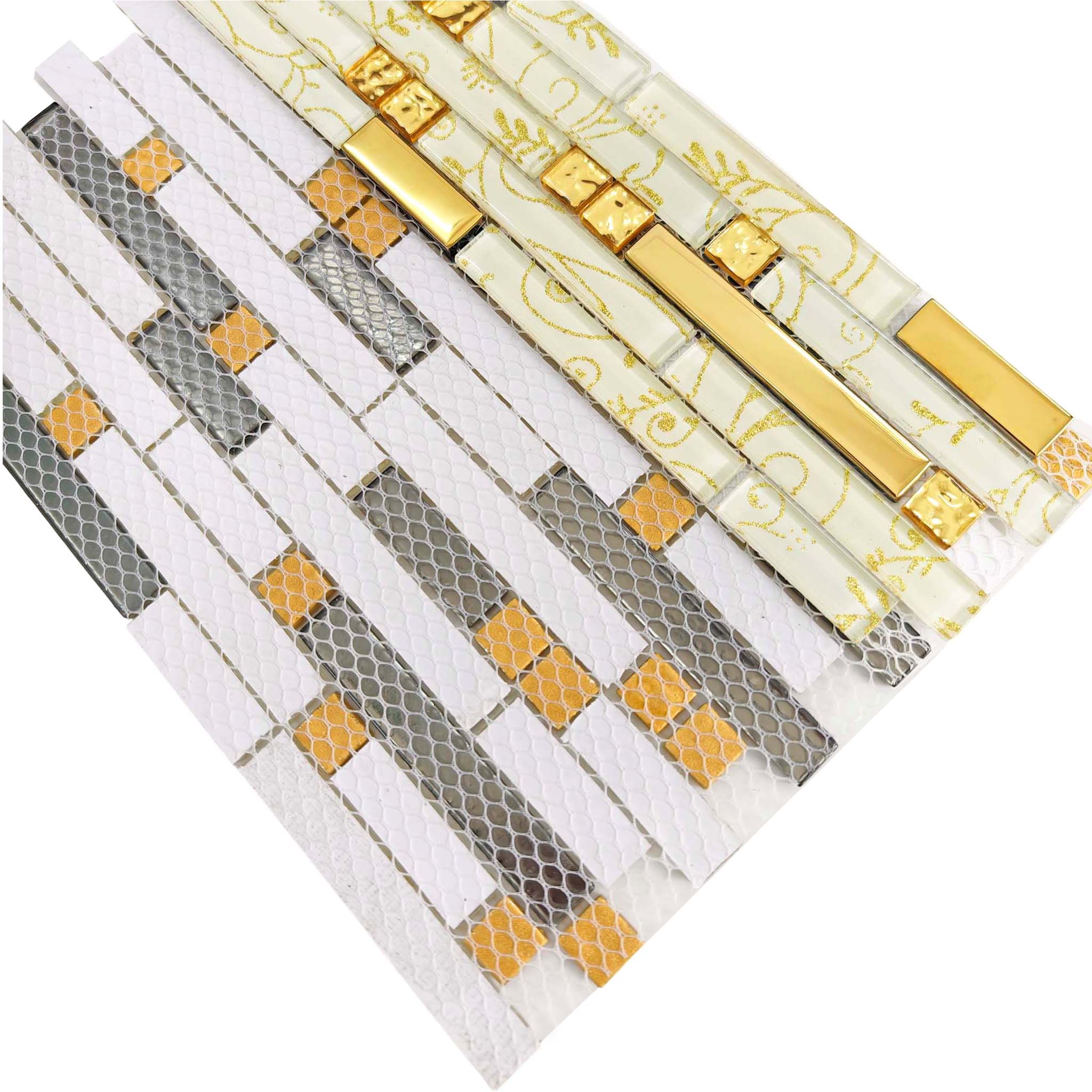 Gold Metal & Glass Mosaic Tile White Glass with Metallic Gold Accent Backsplash