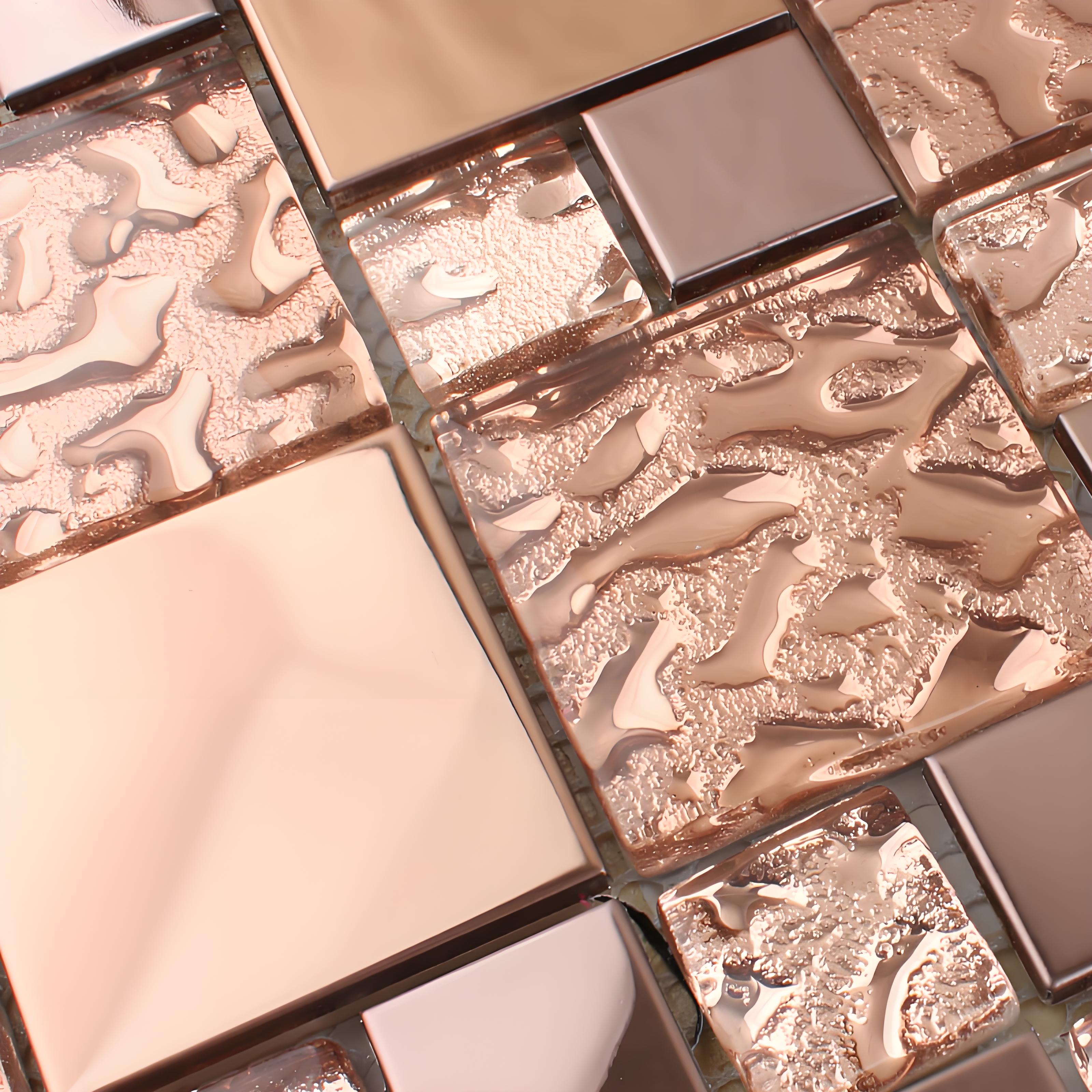 Rose Gold Glass and Metal Mosaic Tile Glossy Textured Backsplash Bathroom Accent Wall