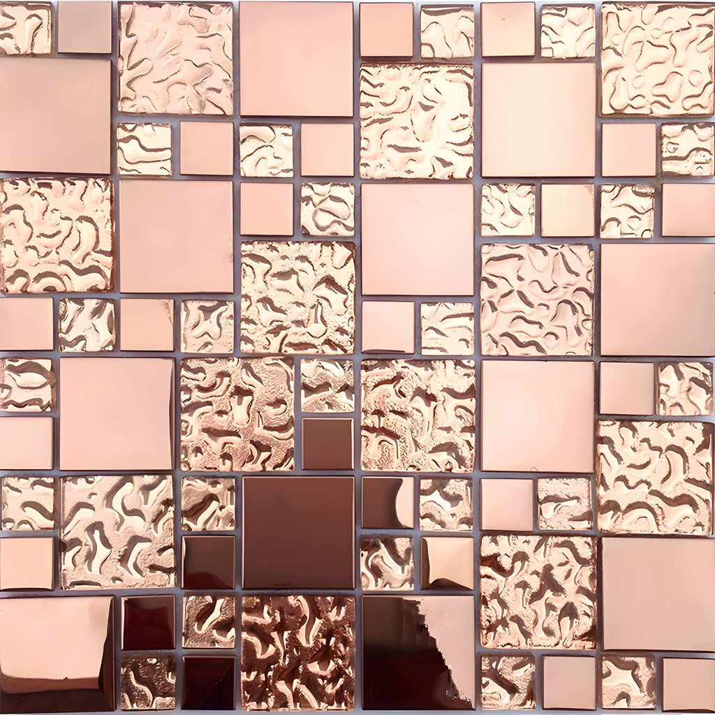 Rose Gold Glass and Metal Mosaic Tile Glossy Textured Backsplash Bathroom Accent Wall