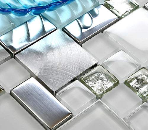 Glass Metal Mosaic Tile White Silver Mixed Square Modern Wall & Kitchen Backsplash