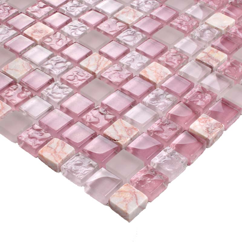 Blush Pink Purple Glass Square Mosaic Tile Polished Mixed Stone Wall and Backsplash
