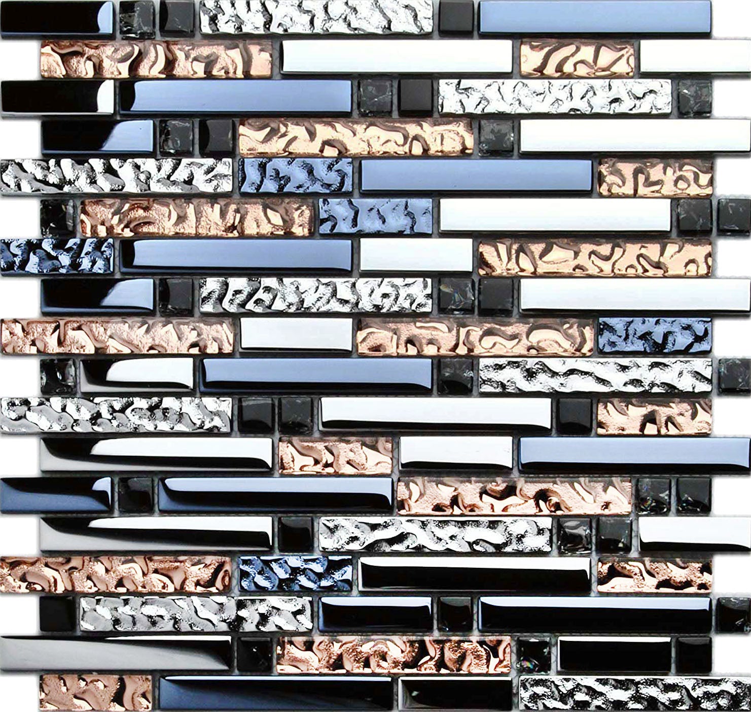 Modern Linear Glass Mosaic Tile Ink Blue, Silver & Rose Gold Metallic Accent Wall Decor