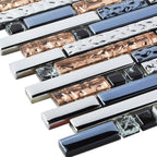 Modern Linear Glass Mosaic Tile Ink Blue, Silver & Rose Gold Metallic Accent Wall Decor
