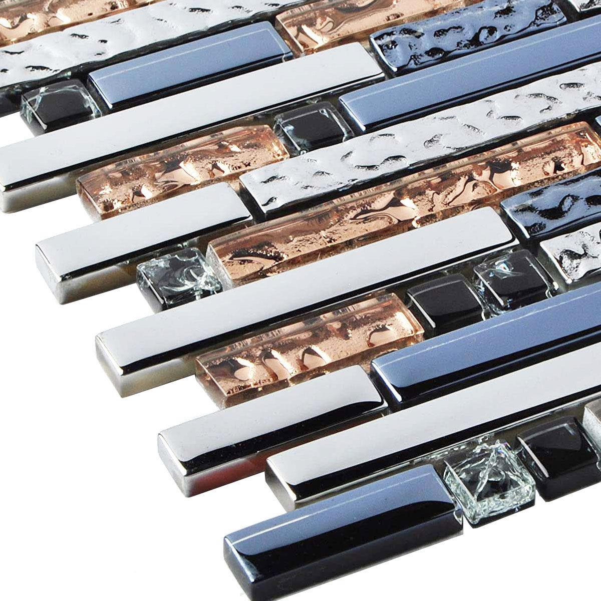 Modern Linear Glass Mosaic Tile Ink Blue, Silver & Rose Gold Metallic Accent Wall Decor