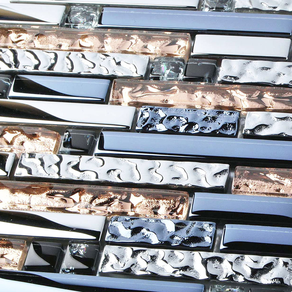 Modern Linear Glass Mosaic Tile Ink Blue, Silver & Rose Gold Metallic Accent Wall Decor