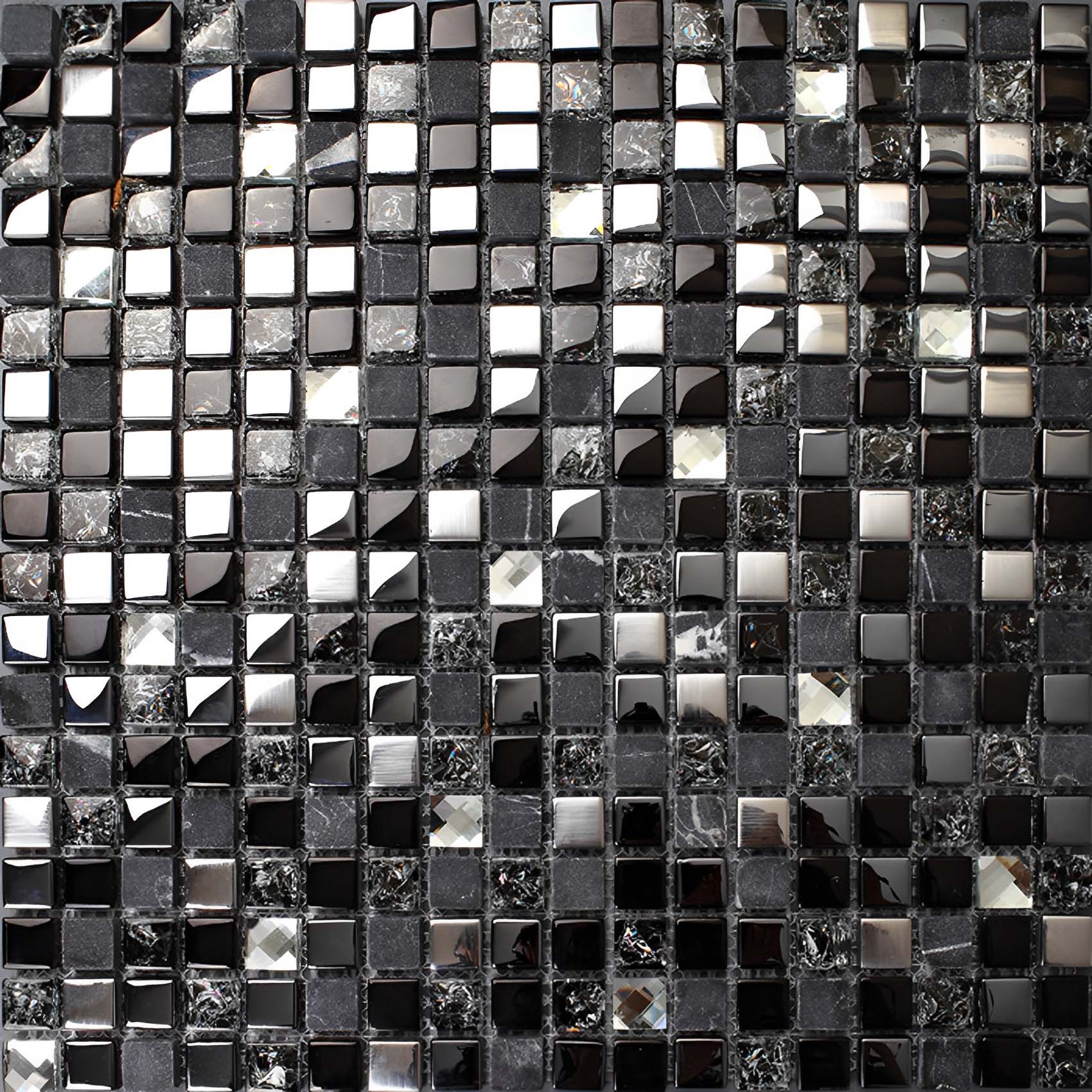 Black Glass & Stone Mosaic Tile Modern Mixed Finish Square Backsplash & Accent Wall
