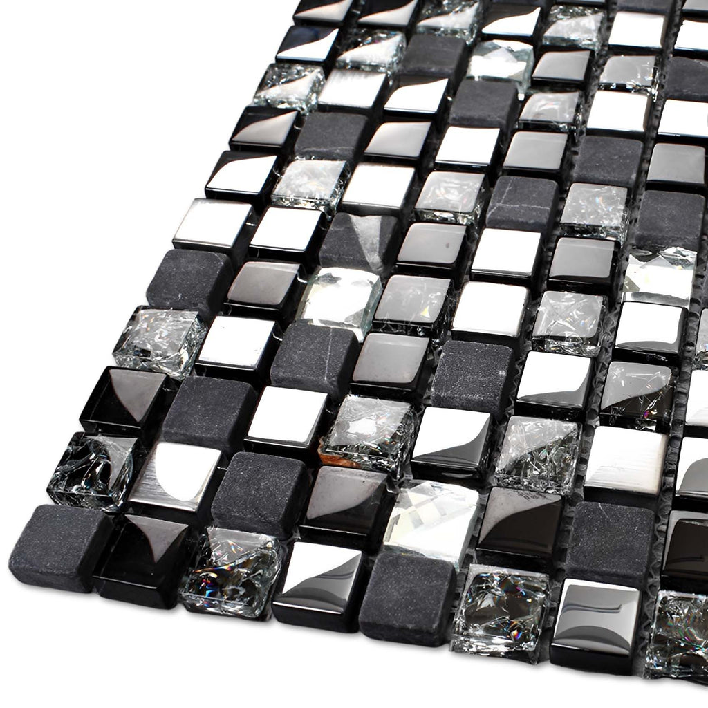 Black Glass & Stone Mosaic Tile Modern Mixed Finish Square Backsplash & Accent Wall