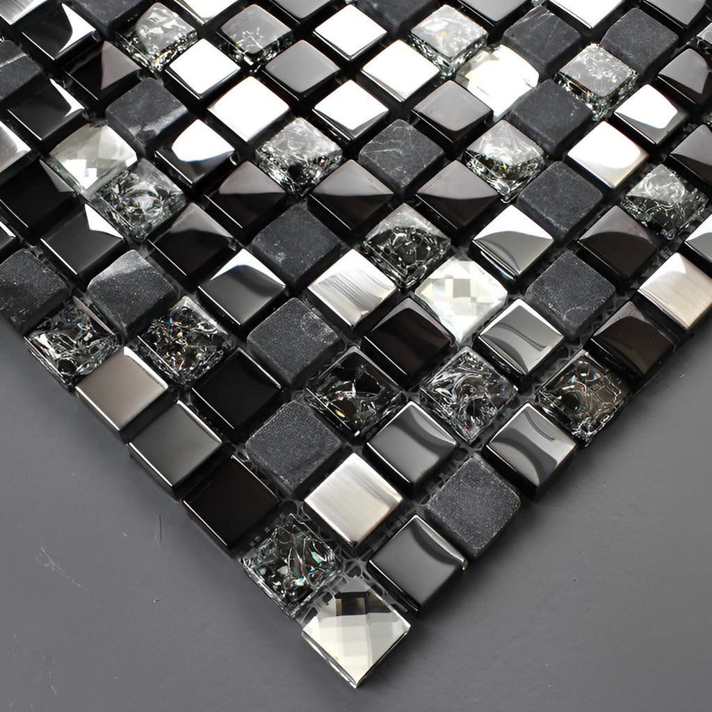 Black Glass & Stone Mosaic Tile Modern Mixed Finish Square Backsplash & Accent Wall