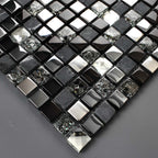 Black Glass & Stone Mosaic Tile Modern Mixed Finish Square Backsplash & Accent Wall