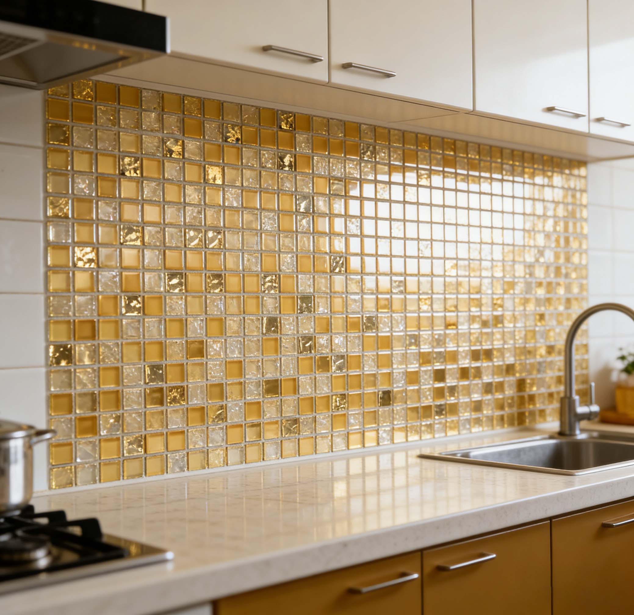 Gold Glass Mosaic Tile Sheet for Kitchen Backsplash & Bathroom Wall Decor