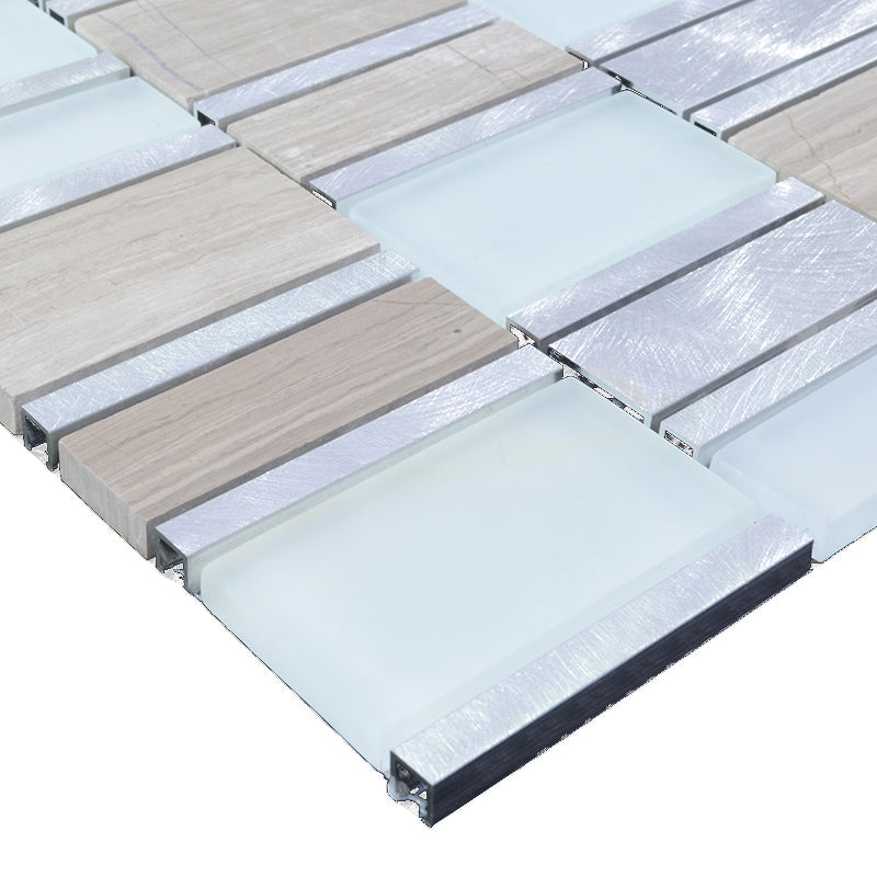 Neutral Glass, Metal & Stone Mosaic Tile Modern Rectangular Mixed Backsplash