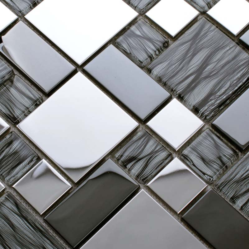 Modern Glass Metal Mosaic Tile Black, Silver, and Patterned Mixed Wall & Backsplash Tile