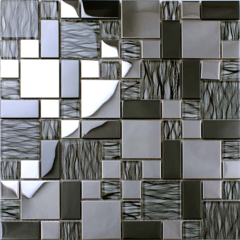 Modern Glass Metal Mosaic Tile Black, Silver, and Patterned Mixed Wall & Backsplash Tile