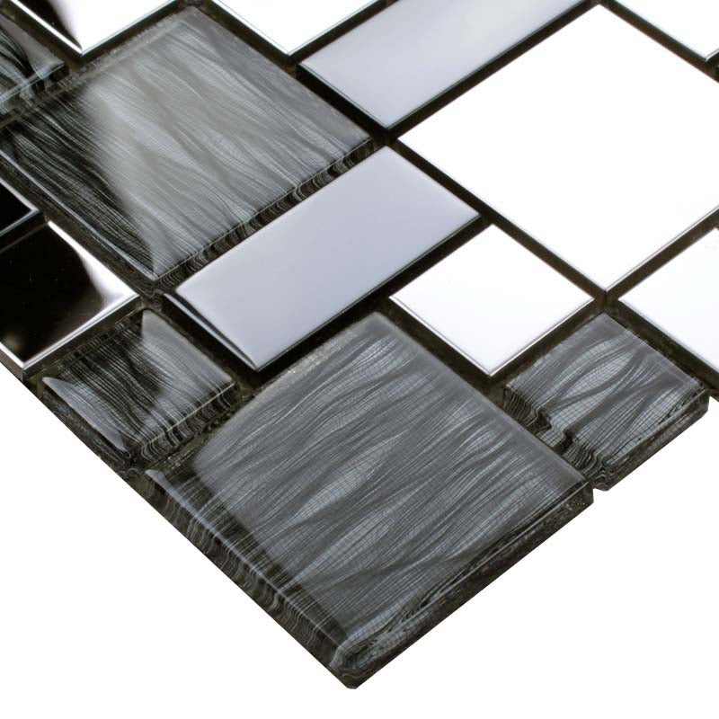 Modern Glass Metal Mosaic Tile Black, Silver, and Patterned Mixed Wall & Backsplash Tile