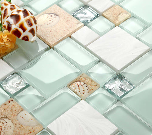 Glass Stone Mosaic Tile Seashell Inlay Aqua Green Coastal Kitchen Backsplash & Wall