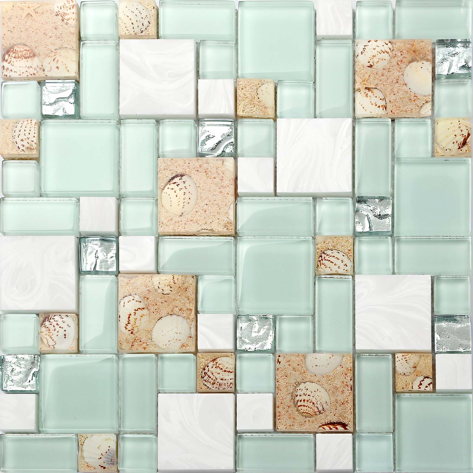 Glass Stone Mosaic Tile Seashell Inlay Aqua Green Coastal Kitchen Backsplash & Wall