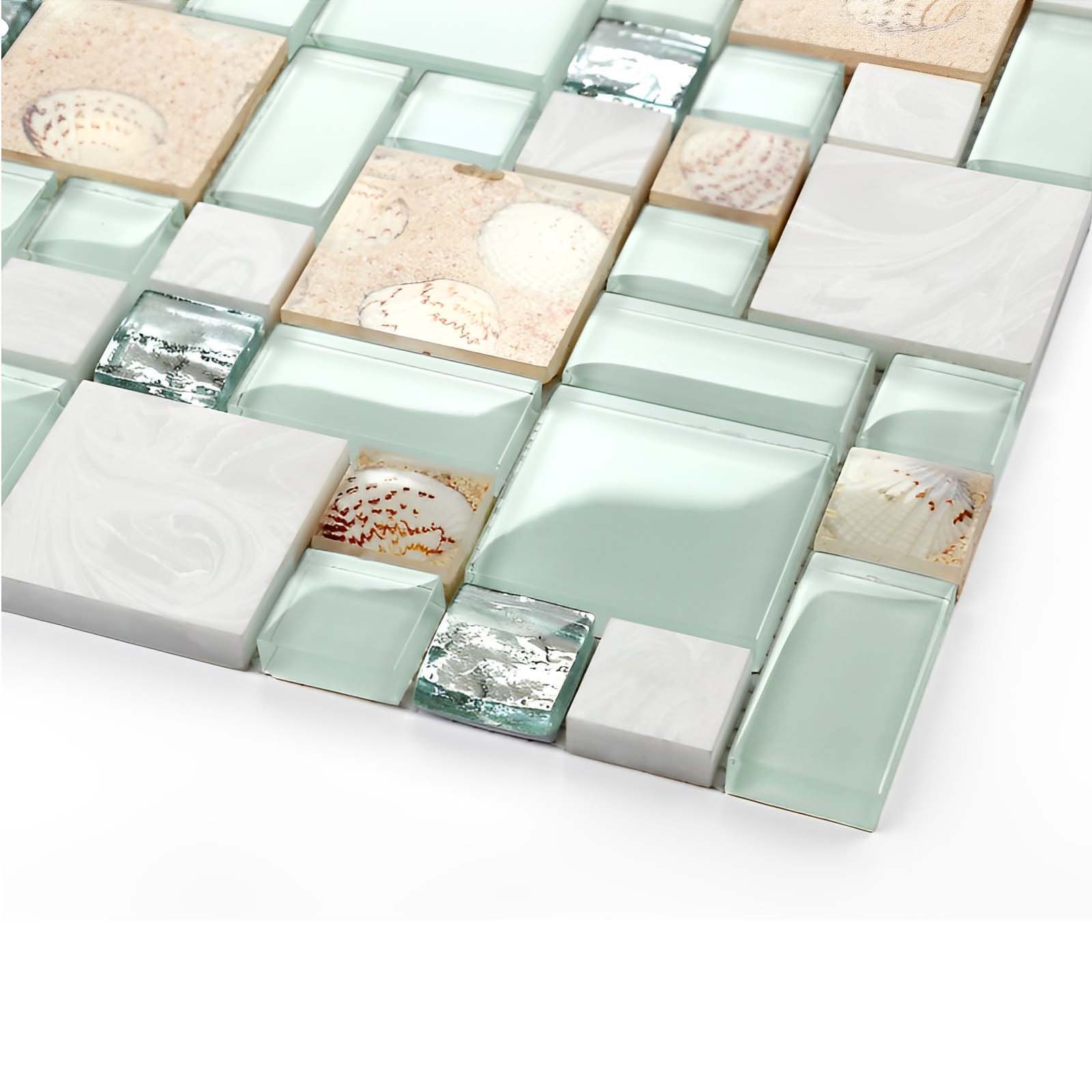 Glass Stone Mosaic Tile Seashell Inlay Aqua Green Coastal Kitchen Backsplash & Wall