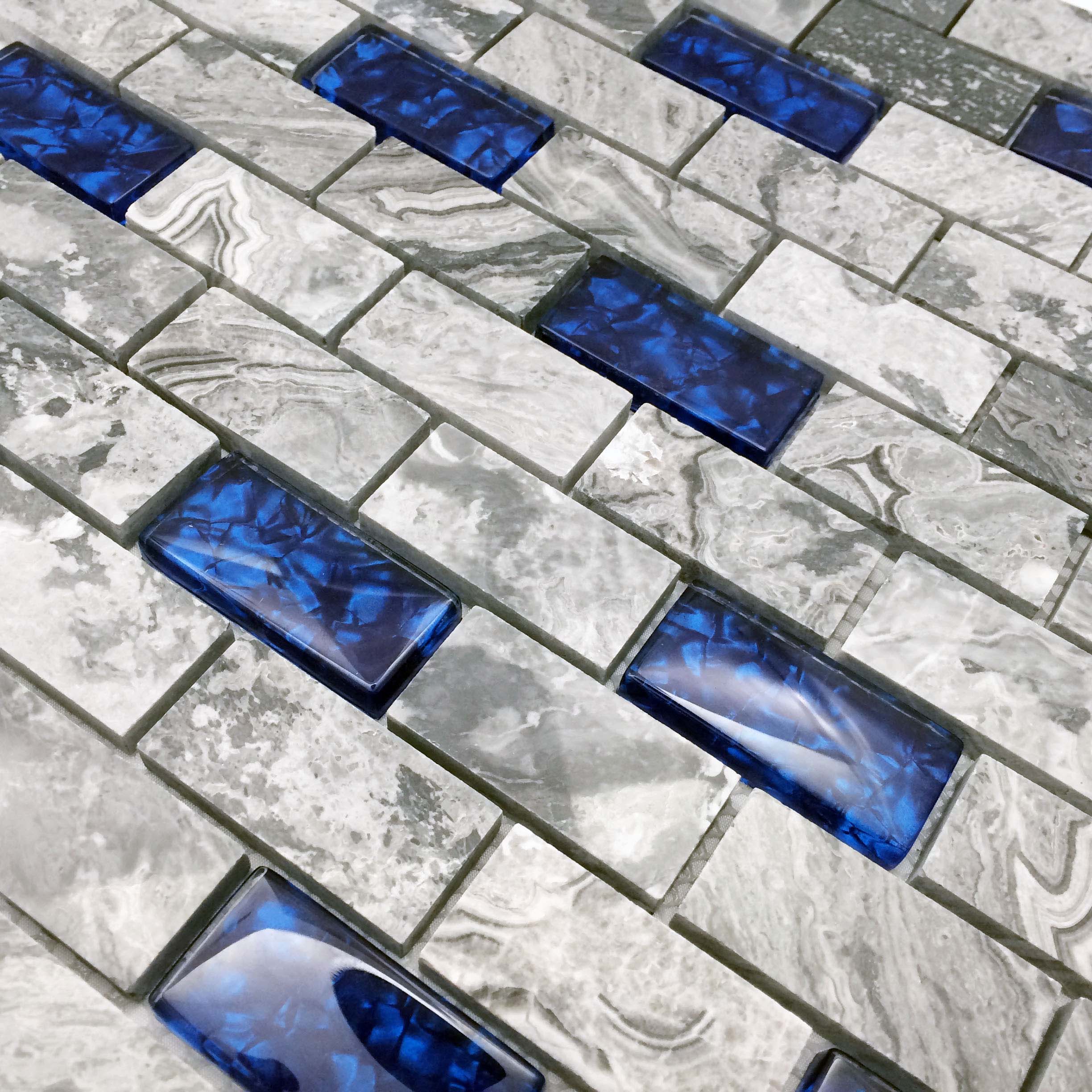Gray Marble Cobalt Blue Glass Linear Mosaic Tile 1x2 Subway Pattern for Wall & Backsplash