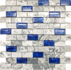 Gray Marble Cobalt Blue Glass Linear Mosaic Tile 1x2 Subway Pattern for Wall & Backsplash