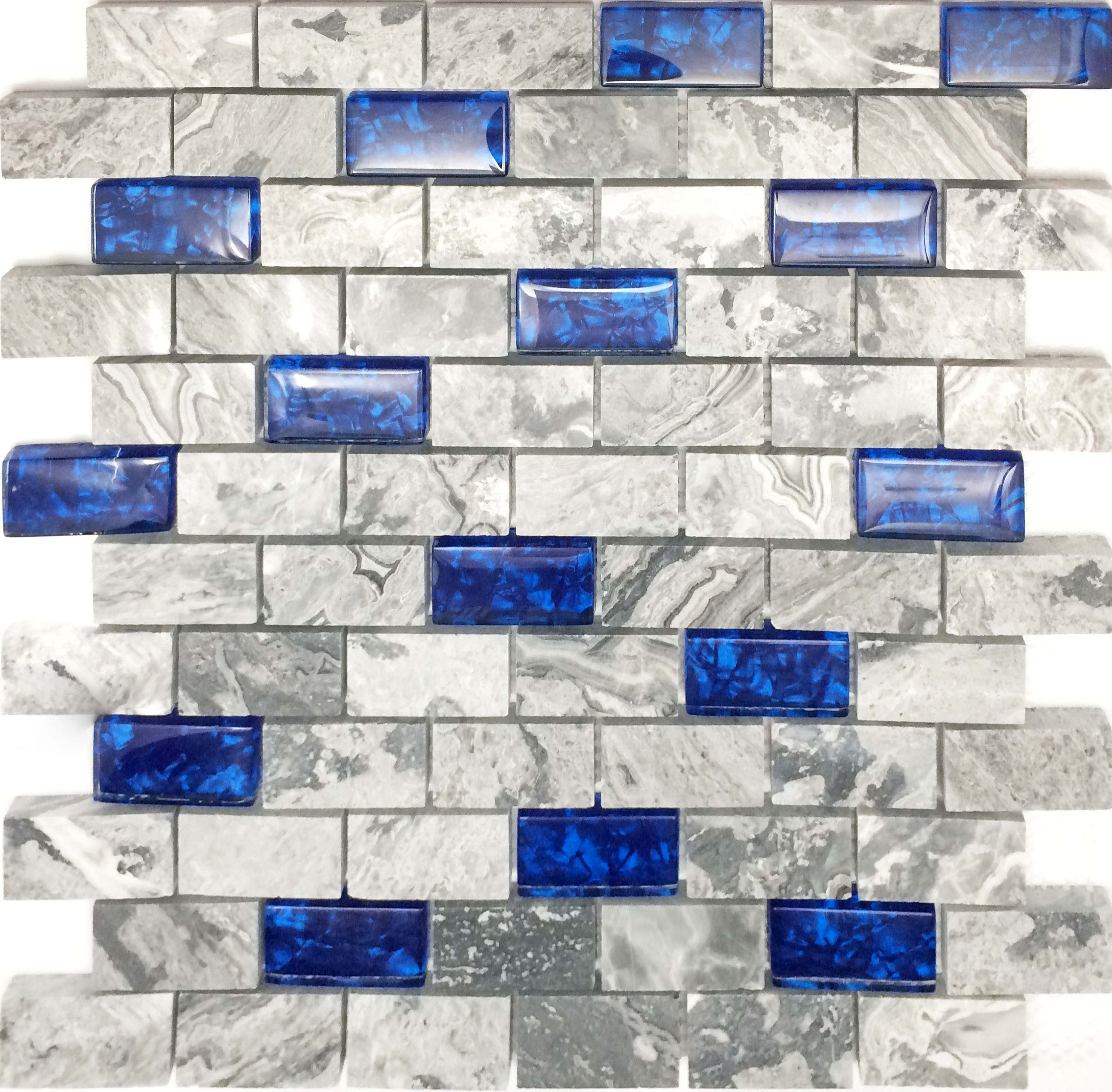 Gray Marble Cobalt Blue Glass Linear Mosaic Tile 1x2 Subway Pattern for Wall & Backsplash