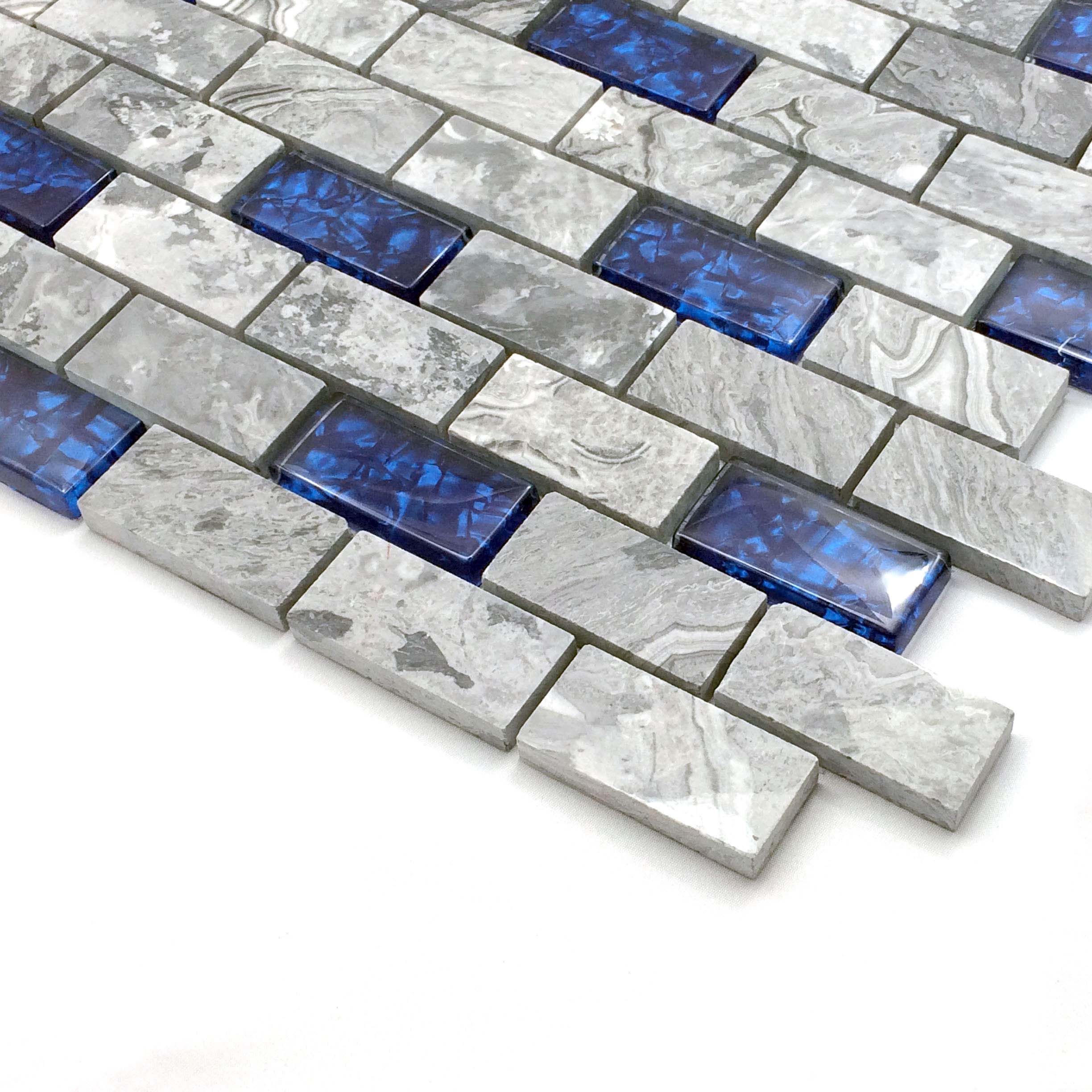 Gray Marble Cobalt Blue Glass Linear Mosaic Tile 1x2 Subway Pattern for Wall & Backsplash