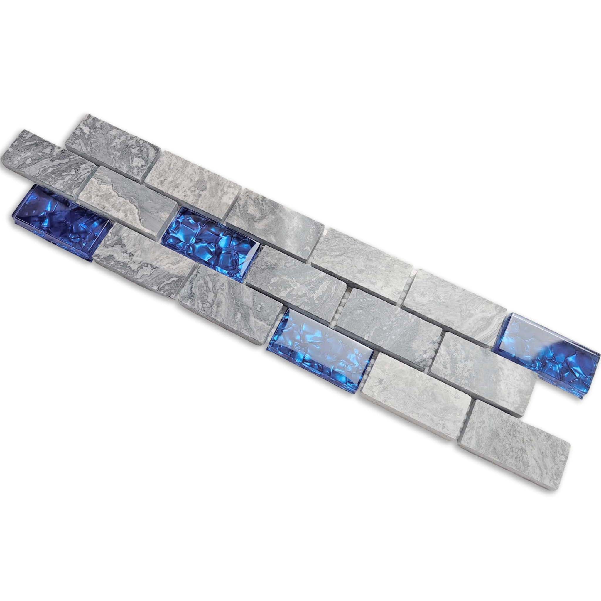 Gray Marble Cobalt Blue Glass Linear Mosaic Tile 1x2 Subway Pattern for Wall & Backsplash