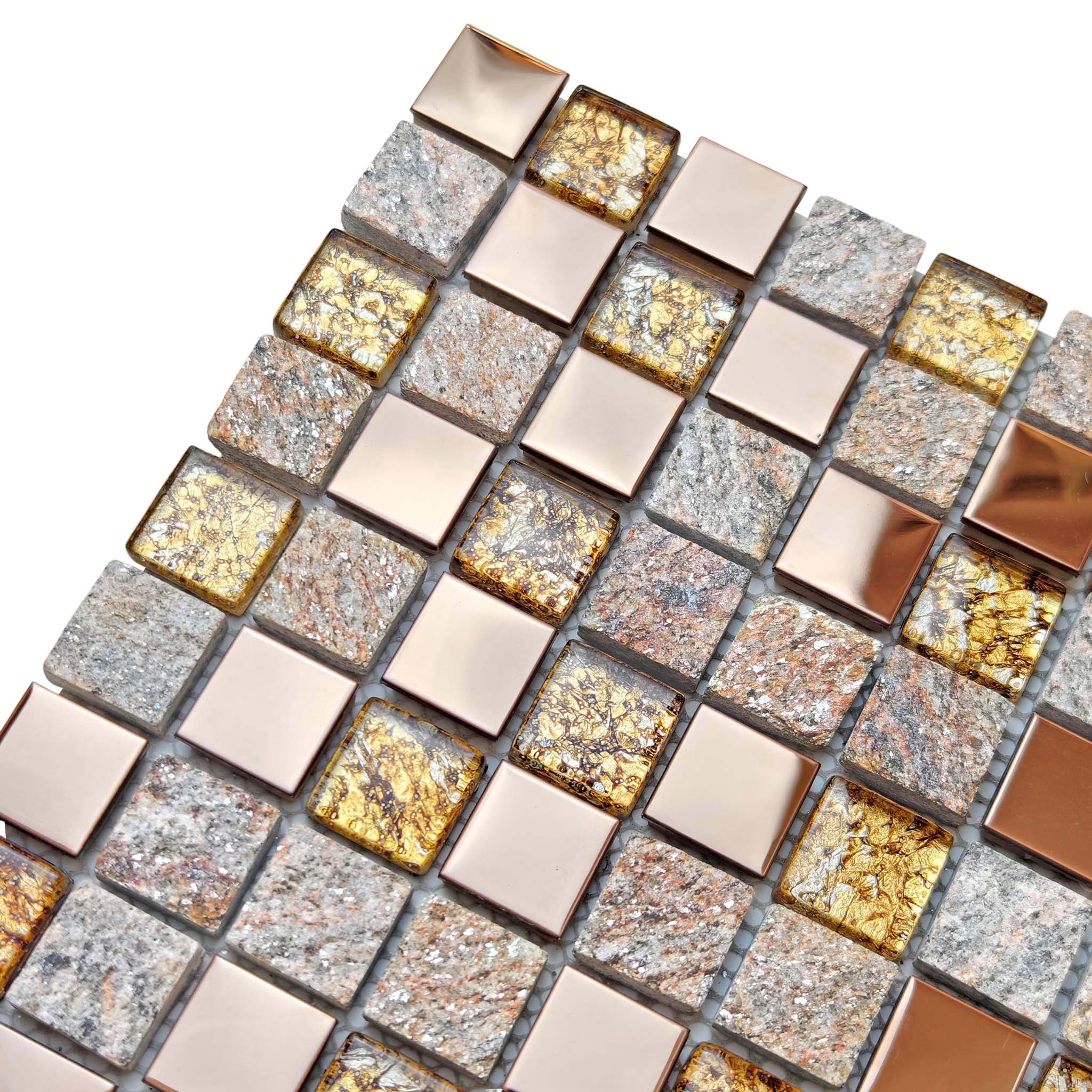 Glass Metal Mix Stone Mosaic Tile Rose Gold, Gray for Backsplash and Wall Decor
