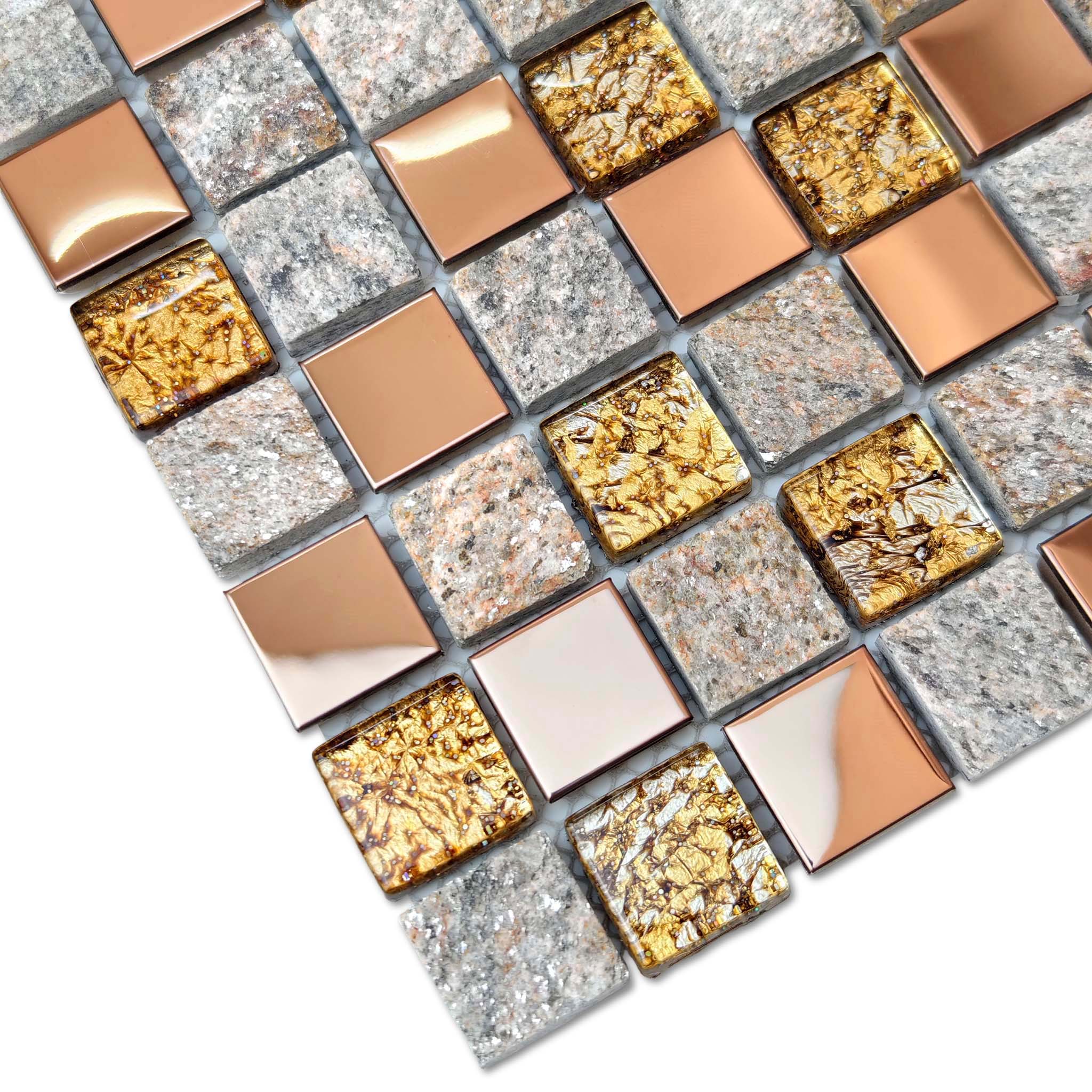 Glass Metal Mix Stone Mosaic Tile Rose Gold, Gray for Backsplash and Wall Decor