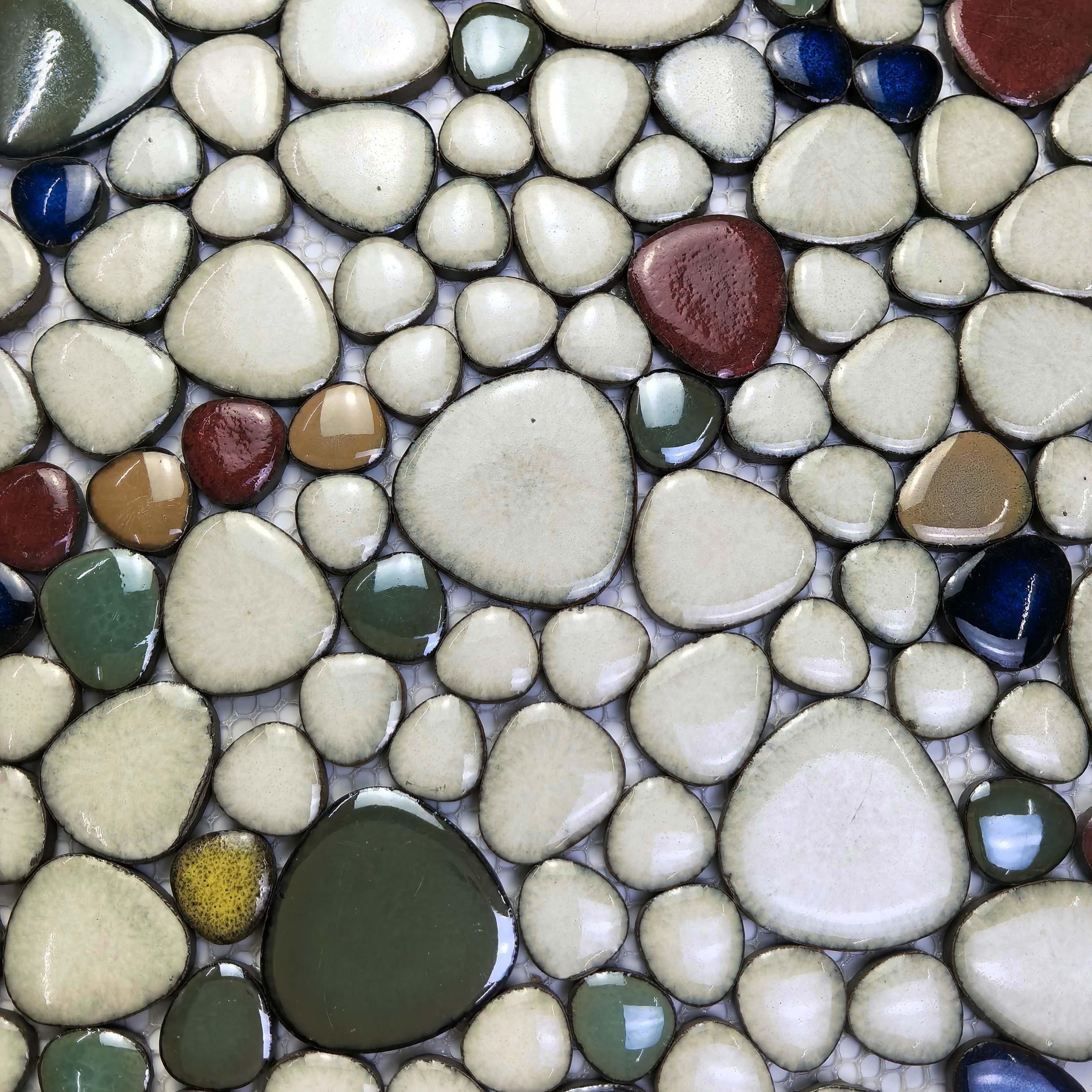 Ivory & Multicolor Ceramic Pebble Mosaic Tile Stone-Look Interlocking Backsplash Bathroom