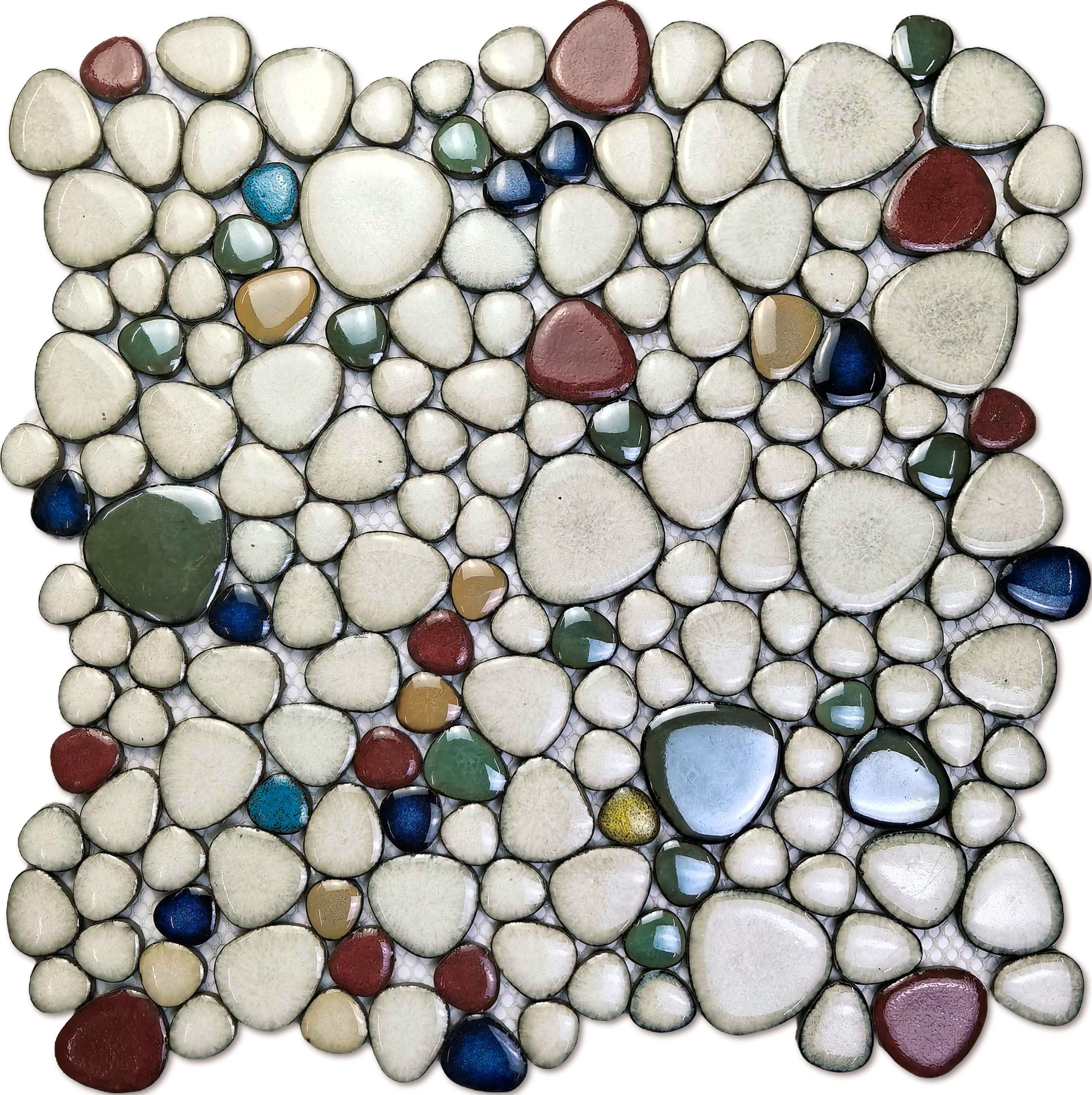 Ivory & Multicolor Ceramic Pebble Mosaic Tile Stone-Look Interlocking Backsplash Bathroom