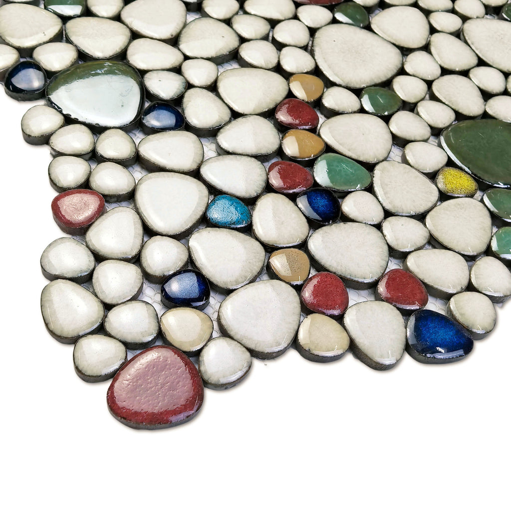 Elfenbein & Mehrfarbig Keramik Kiesel Mosaik Fliesen Stein-Optik Verzahnter Rückwand Bad