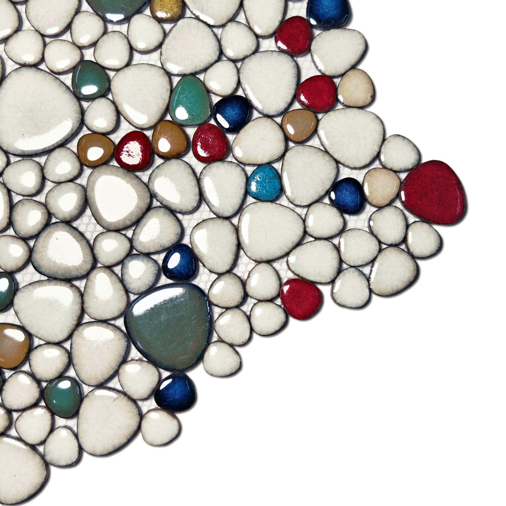 Elfenbein & Mehrfarbig Keramik Kiesel Mosaik Fliesen Stein-Optik Verzahnter Rückwand Bad