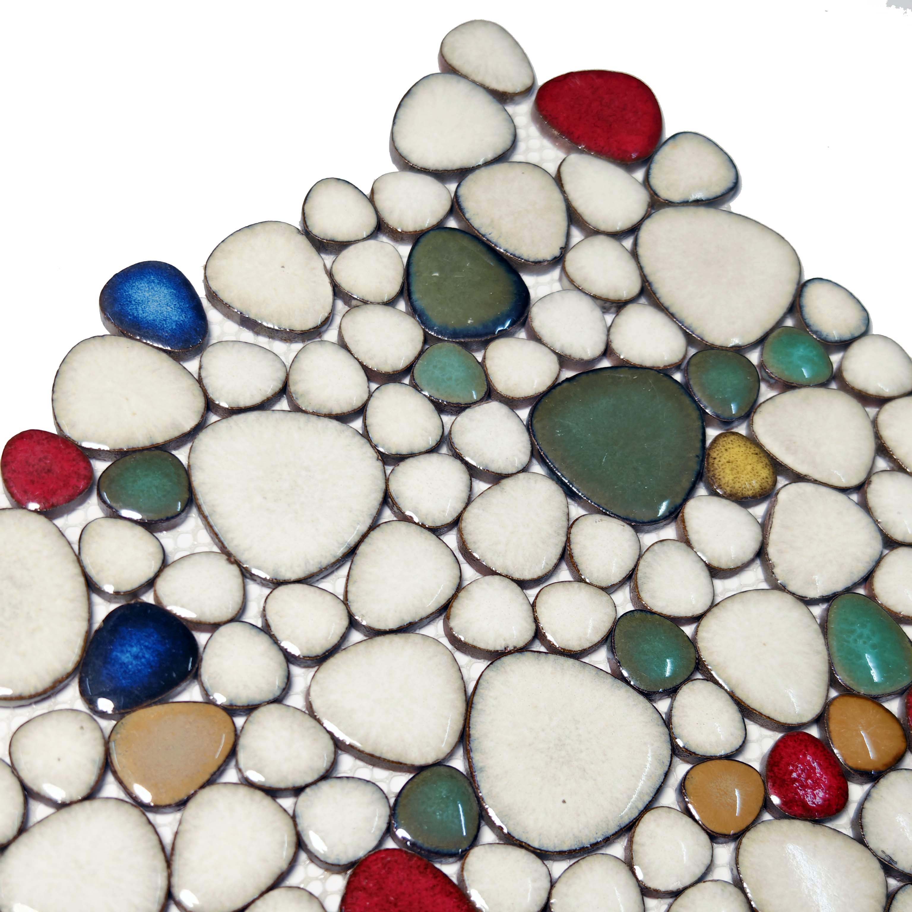 Ivory & Multicolor Ceramic Pebble Mosaic Tile Stone-Look Interlocking Backsplash Bathroom