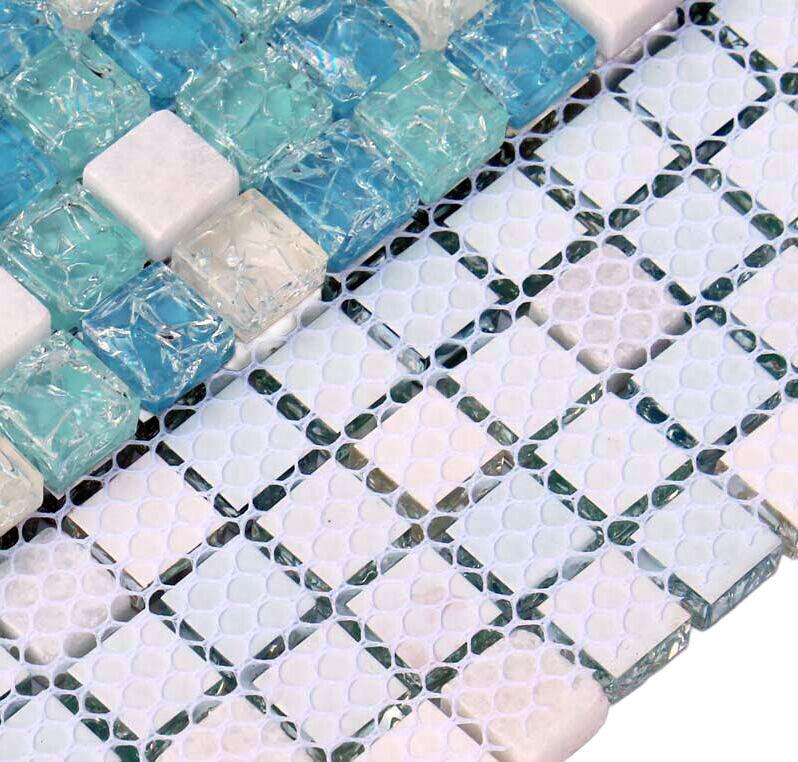 Blue, White & Aqua Glass Stone Mosaic Tile Mixed Material Small Square Backsplash