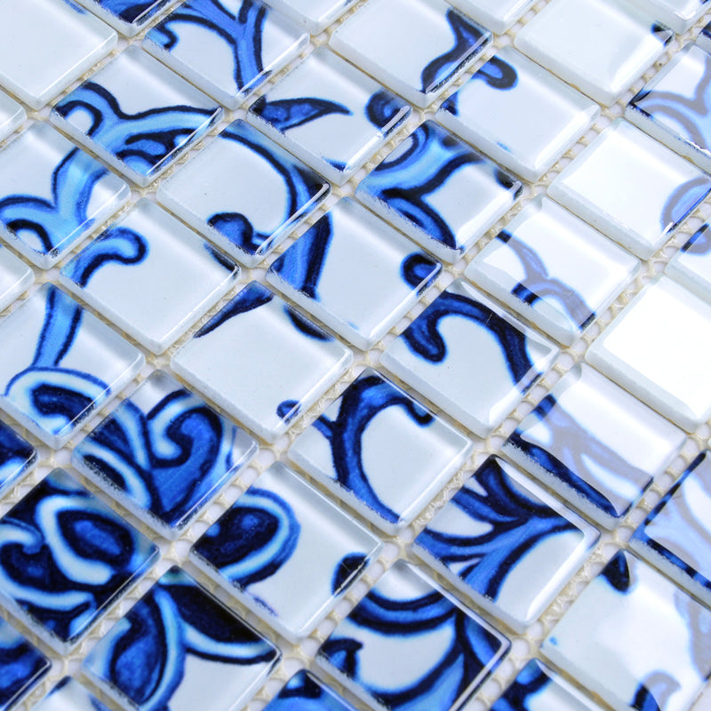 Blue & White Floral Glass Mosaic Tile Decorative Backsplash & Accent Wall Bathroom Tile