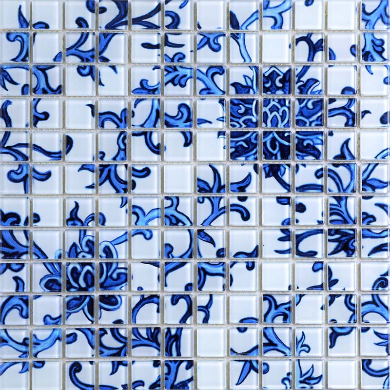 Blue & White Floral Glass Mosaic Tile Decorative Backsplash & Accent Wall Bathroom Tile