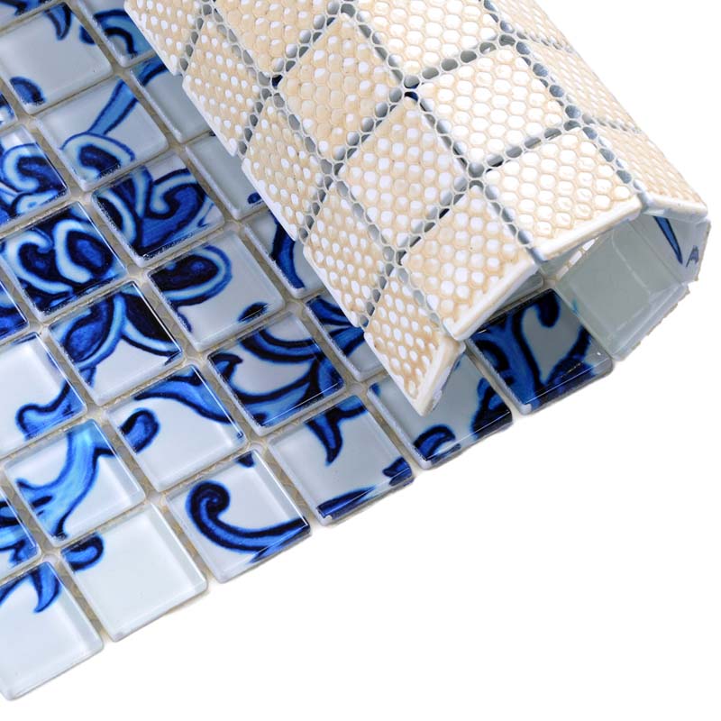 Blue & White Floral Glass Mosaic Tile Decorative Backsplash & Accent Wall Bathroom Tile