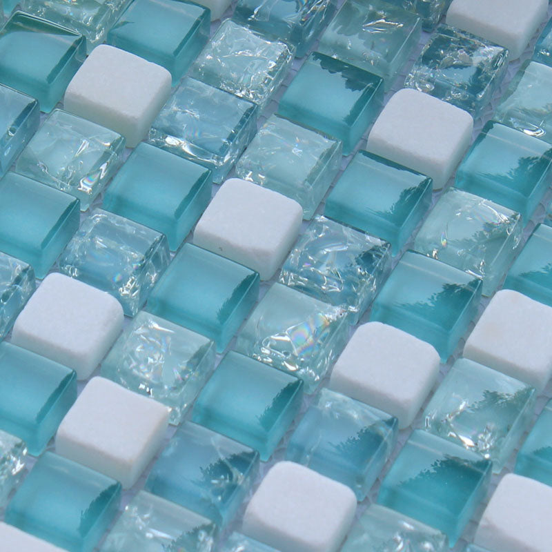 Aqua Blue White Glass Mosaic Tile Textured Square Backsplash & Bathroom Wall Tile