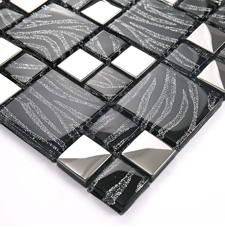 Silver Wave Glass Mosaic Tile Modern Geometric Pattern with Metallic Accents Backsplash