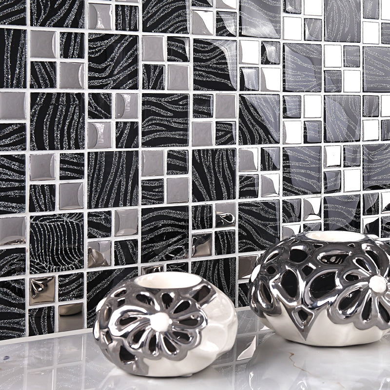 Silver Wave Glass Mosaic Tile Modern Geometric Pattern with Metallic Accents Backsplash