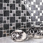 Silver Wave Glass Mosaic Tile Modern Geometric Pattern with Metallic Accents Backsplash