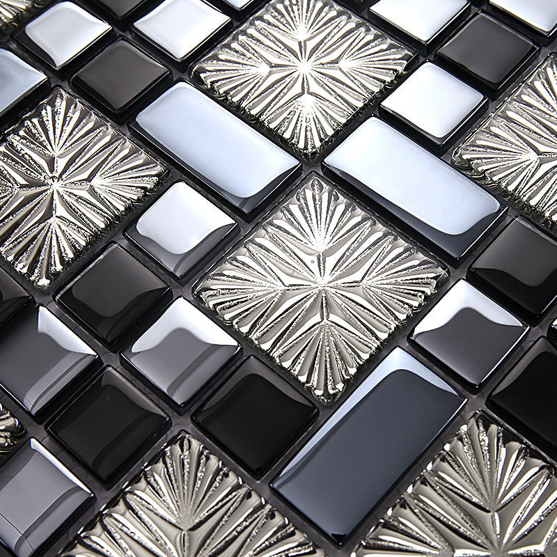 Black Silver Textured Glass Mosaic Tile Modern Geometric Wall and Backsplash Tile