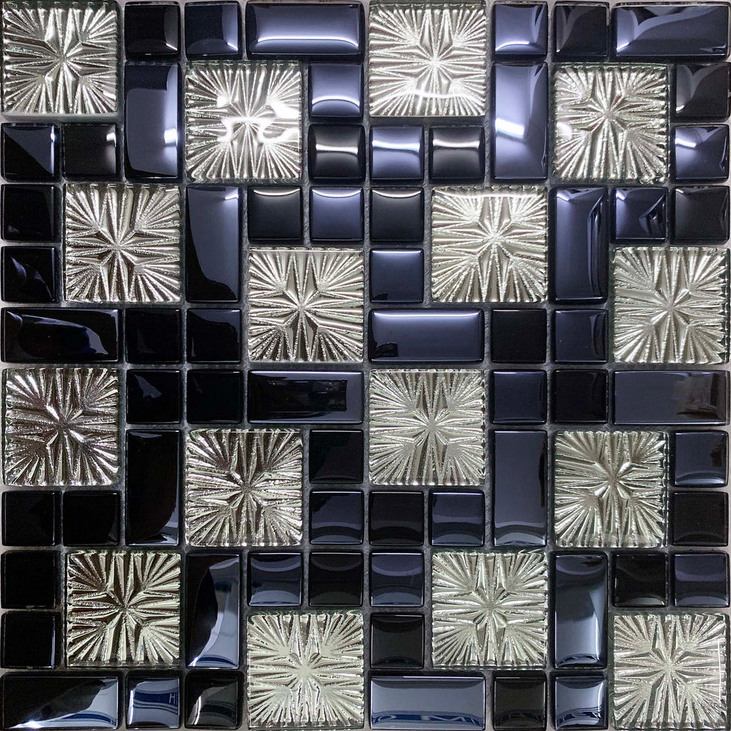 Black Silver Textured Glass Mosaic Tile Modern Geometric Wall and Backsplash Tile